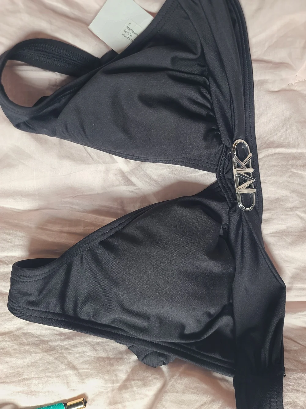 Michael Kors Bikini Top Black Ruched Triangle Swimsuit Logo NWT
